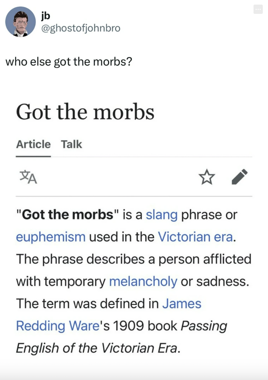 screenshot - jb who else got the morbs? Got the morbs Article Talk "Got the morbs" is a slang phrase or euphemism used in the Victorian era. The phrase describes a person afflicted with temporary melancholy or sadness. The term was defined in James Reddin